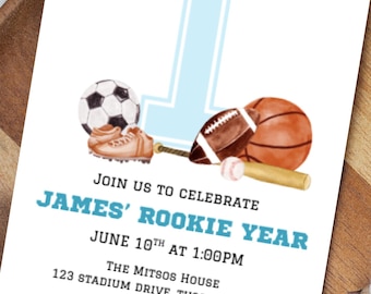 Rookie Year 1st Birthday Invitation: All Sports Party Template (Digital Download)