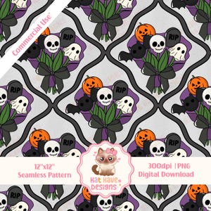 May include: Seamless Halloween pattern featuring bouquets with skulls, tombstones, pumpkins, and bats. The bouquets are tied with black bows and set against a gray background with a decorative trellis design. The text "12"x12" Seamless Pattern" is visible.
