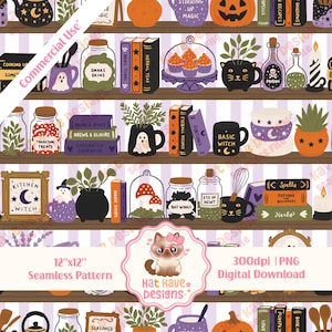May include: A seamless digital pattern featuring shelves filled with witchy items including potion bottles, spell books, mugs, and pumpkins. The design includes text labels like Snake Skins, Toadstool Treats, and Kitchen Witch on a light purple striped background.
