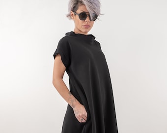 Autumn Winter Maxi Dress, Black Kaftan  Dress, Side Pockets Dress