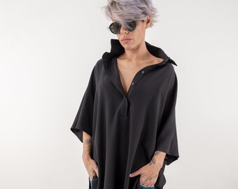 Schwarzes lockeres Hemd, asymmetrisches Hemd, Oversize-Sommer, Frühlingsoberteil, extravagantes Hemd