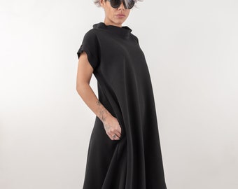 Autumn Winter Maxi Dress, Black Kaftan Dress, Side Pockets Dress