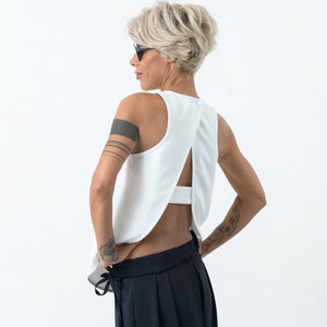 White Summer Sleeveless Top, White Tank Top with Open Back, Summer Top