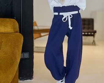 Navy Wide-Leg Pants with Rope Belt