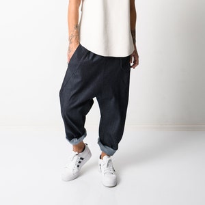 Handmade Denim Harem Pants: Low Crotch, Elastic Waist