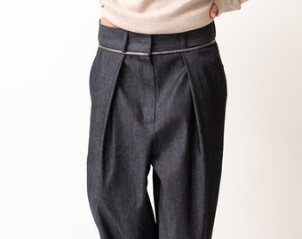 Fall Winter Collection Denim Navy Pants Loose Bottom Pants, Loose Casual Drop Crotch Harem Pants