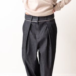 Fall Winter Collection Denim Navy Pants Loose Bottom Pants, Loose Casual Drop Crotch Harem Pants