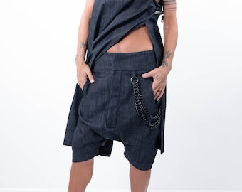 Denim Loose Bottom Pants, Loose Casual Drop Crotch Harem Pants, Casual Pants