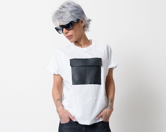 White T Shirt with Leatherette Front Pocket and Short Sleeves