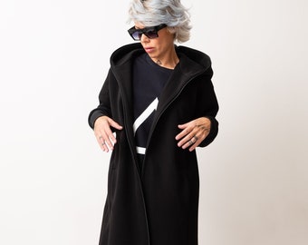 Oversized gesteppter Hoodie, Schwarzer Warmer Maxi Hoodie, Winter Long Sweatshirt