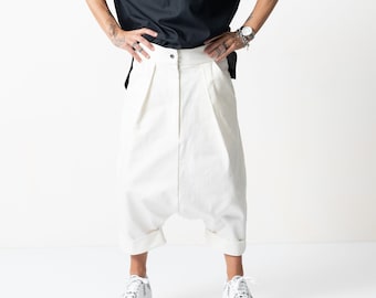 White Denim Pants, Drop Crotch Pants, Casual Pants, Pants with Side Pockets