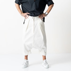 White Denim Pants, Drop Crotch Pants, Casual Pants, Pants with Side Pockets