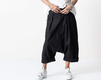 Black Cotton Pants, Drop Crotch Pants, Casual Pants, Pants with Side Pockets