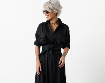 Black Maxi Dress, Kaftan Dress, Dress With Leatherette Belt