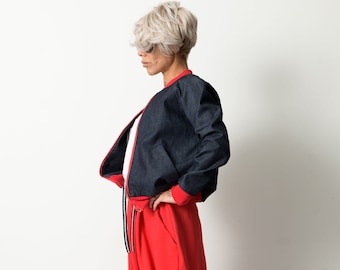 Woman Denim Bomber, Woman Jacket, Women Bomber with Red Cuffs