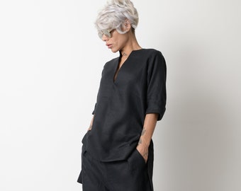 Black Linen Shirt, Linen Tunic, Linen Shirt, Linen Blouse, Linen Clothing