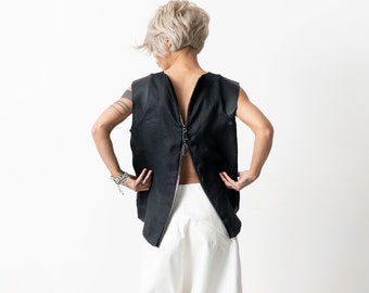 Black Tank Top, Linen Leatherette Top, Tank Top with Open Back