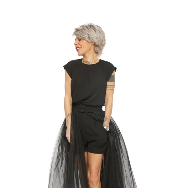 Woman Black 3 parts Set - Top, Short Pants and Tulle Skirt