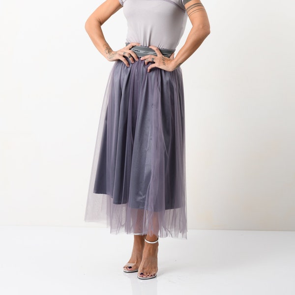 Midi Light Skirt, Purple Tulle Skirt, High Waist Skirt