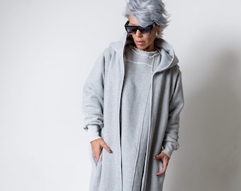 Asymmetrischer Plus Size Grau Hoodie, Grau Maxi Oversized Warmes Sweatshirt