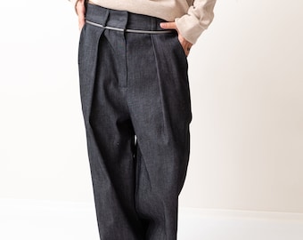 Loose Casual Drop Crotch Harem Pants, Fall Winter Collection Denim Navy Pants Loose Bottom Pants