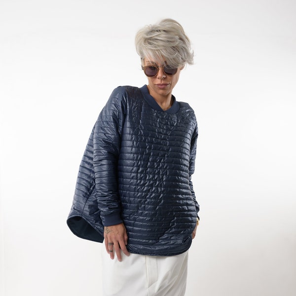 Navy Extravagant Top, Oversize Sweater, Asymmetric Sweatshirt, Quilted Blouse with Long Sleeves
