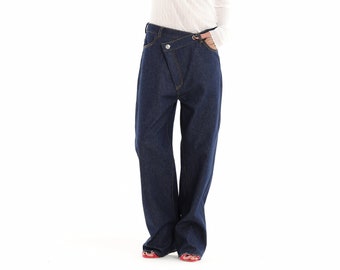 Denim Pants, Asymmetric Closure Wide-Leg Jeans, Loose Denim Women Jeans