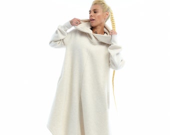Oversized Cream Hoodie Dress: Handmade Viscose Long Sleeve