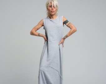 Handmade Grey Maxi Dress: Relaxed Sleeveless Cotton Blend