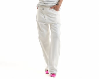 White Asymmetric Closure Wide-Leg Jeans