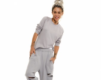 Grau Zerrissenes Sweatsuit Set