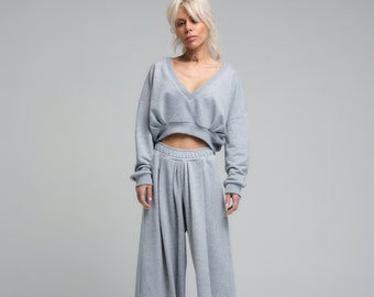 Casual Grey Cotton-Blend Two Piece Set