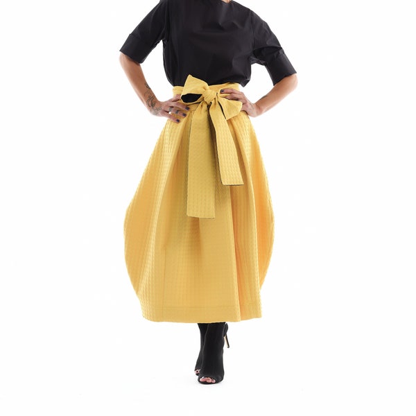 Belted Yellow Midi Skirt