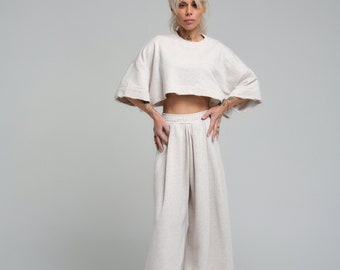 Ecru Loungewear Set with Cropped Top and Wide-Leg Pants