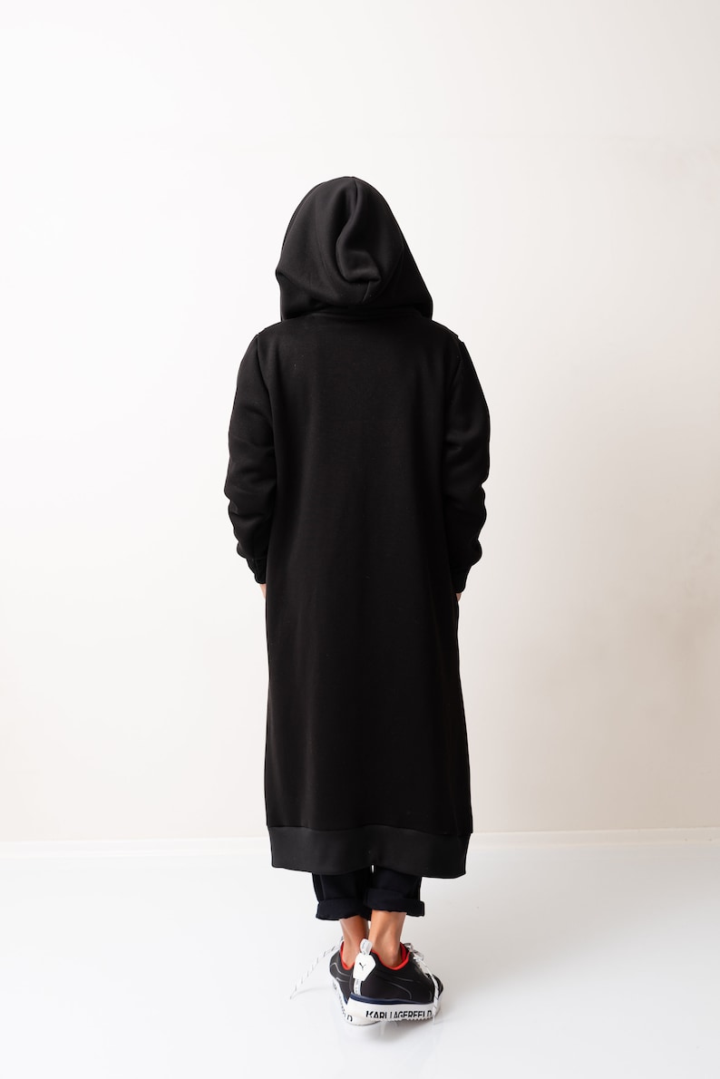 Black Warm Maxi Hoodie, Oversized Quilted Hoodie Sweatshirt with Long Sleeves zdjęcie 4