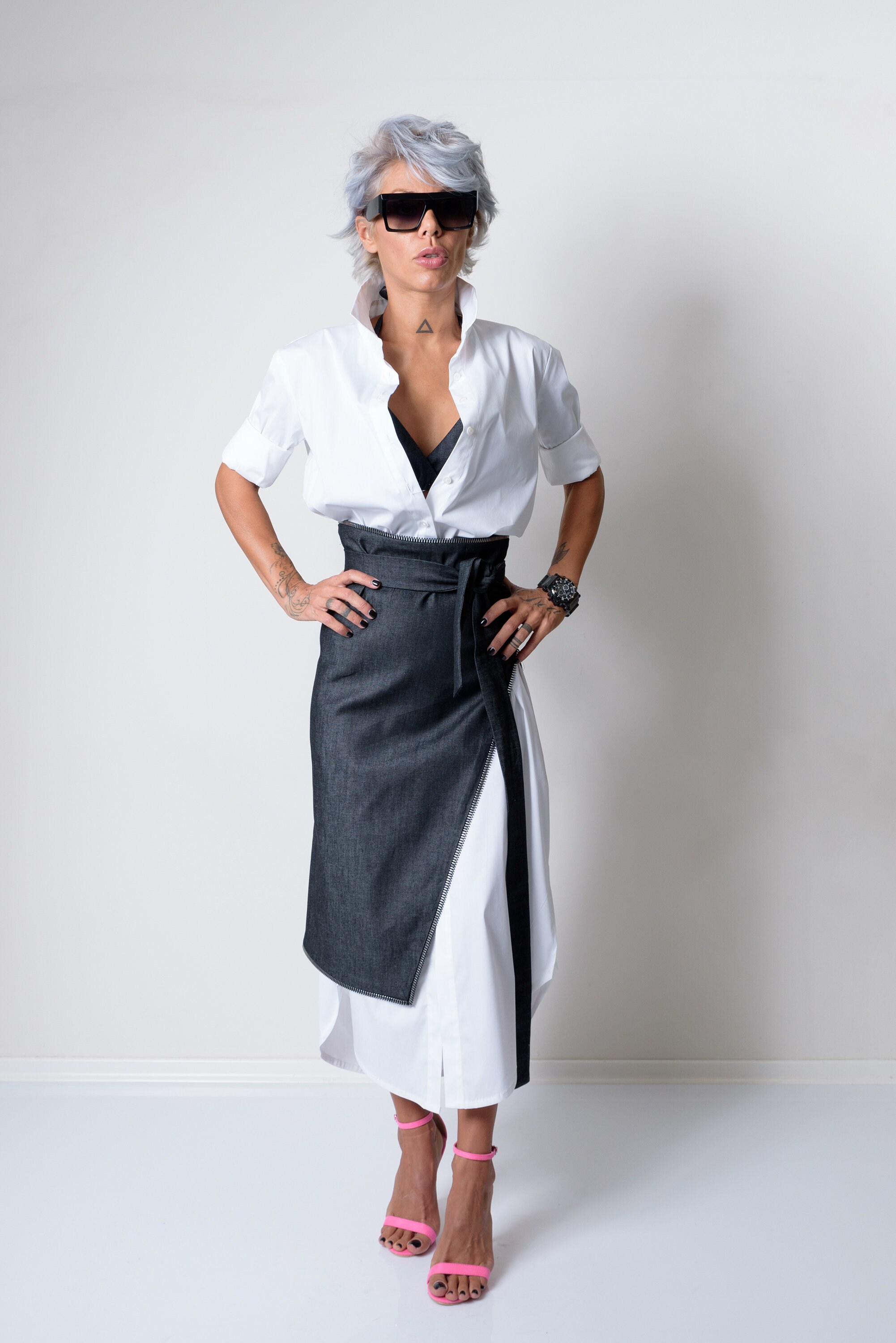 Three Piece Set Casual Denim Skirt Belt White Long Oversize Etsy