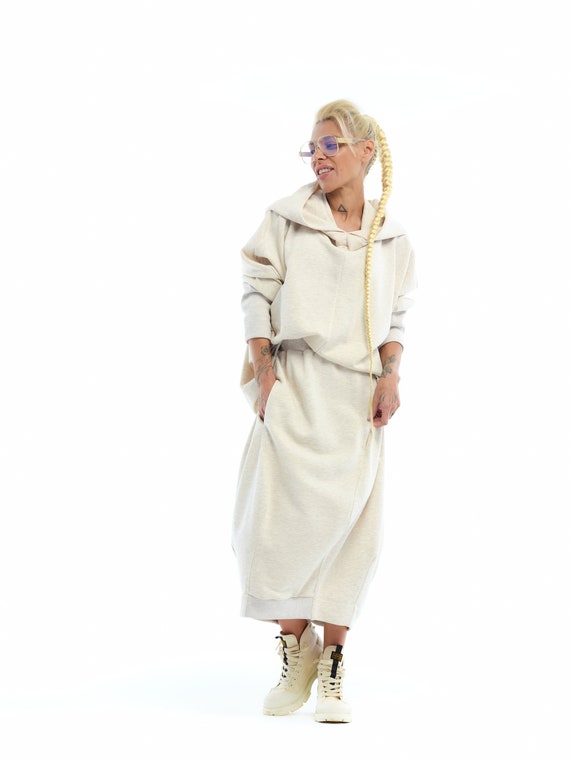 Cream Hoodie and Skirt Sweatsuit Set 