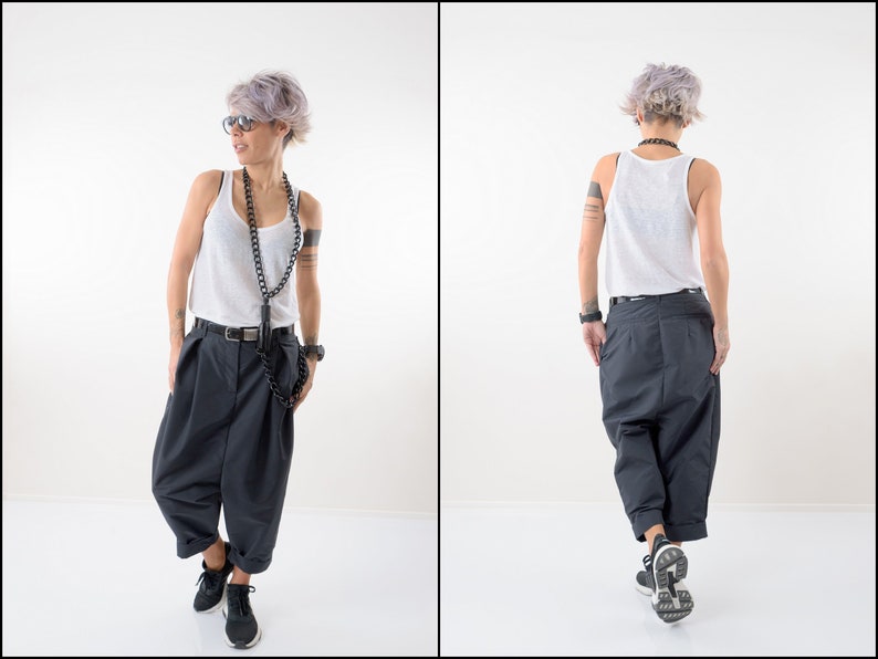Loose Casual Black Drop Crotch Harem Pants Extravagant Black Pants Side Pockets Unisex pants