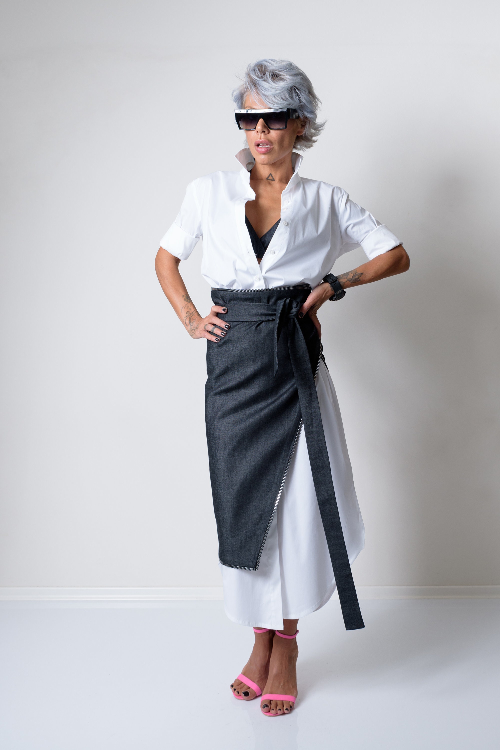 Three Piece Set Casual Denim Skirt Belt White Long Oversize Etsy