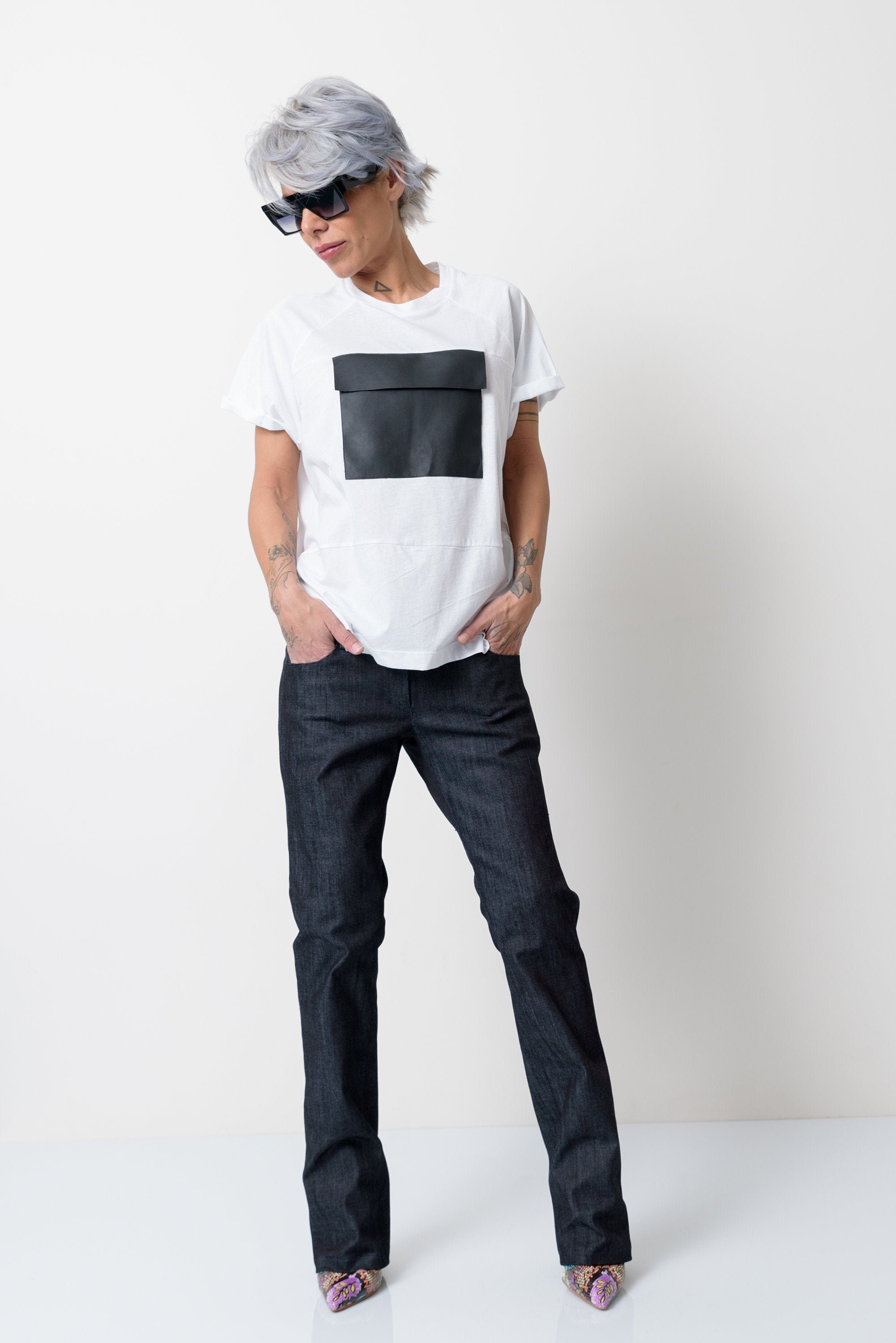White T Shirt with Leatherette Front Pocket and Short Sleeves