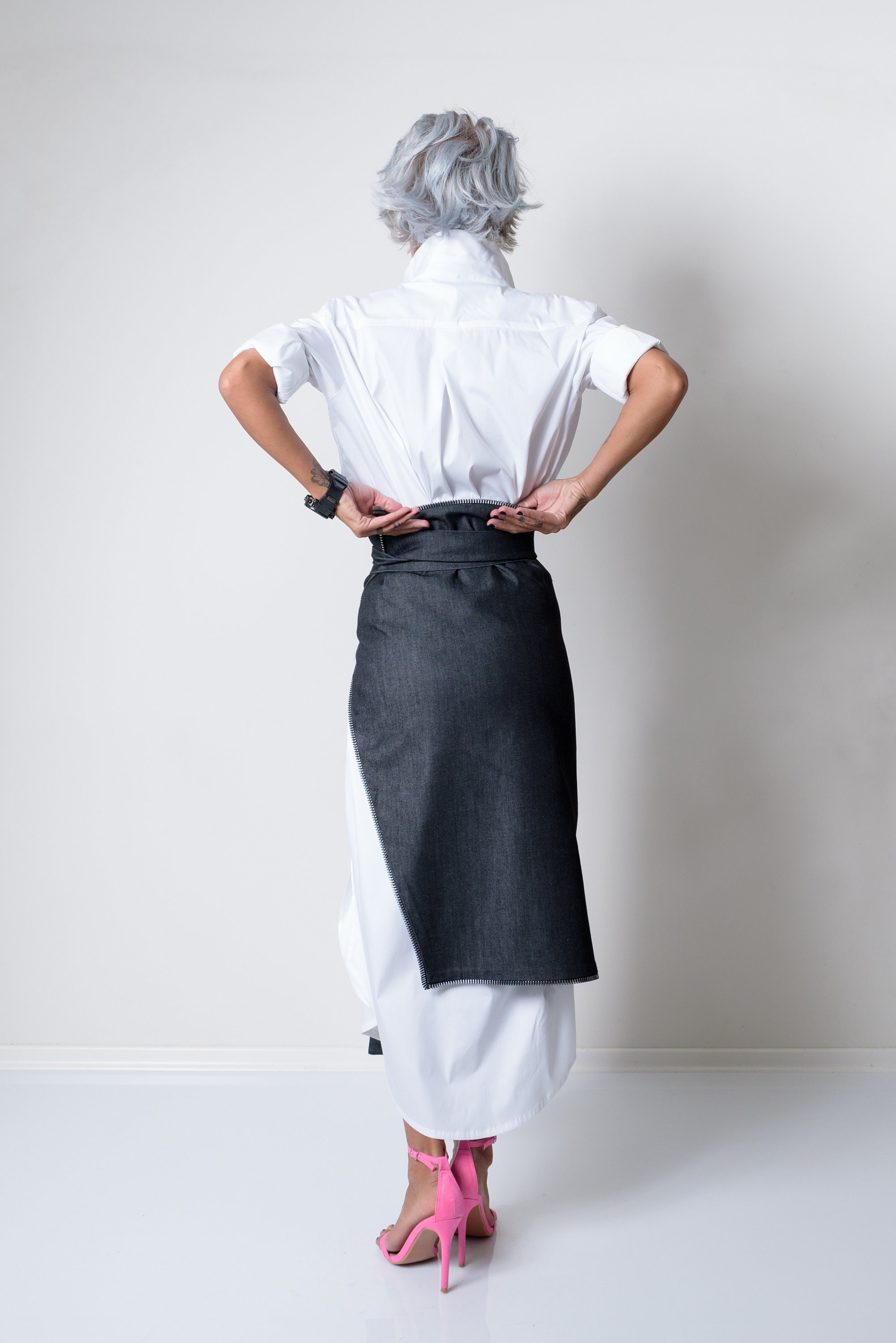 Three Piece Set Casual Denim Skirt Belt White Long Oversize Etsy