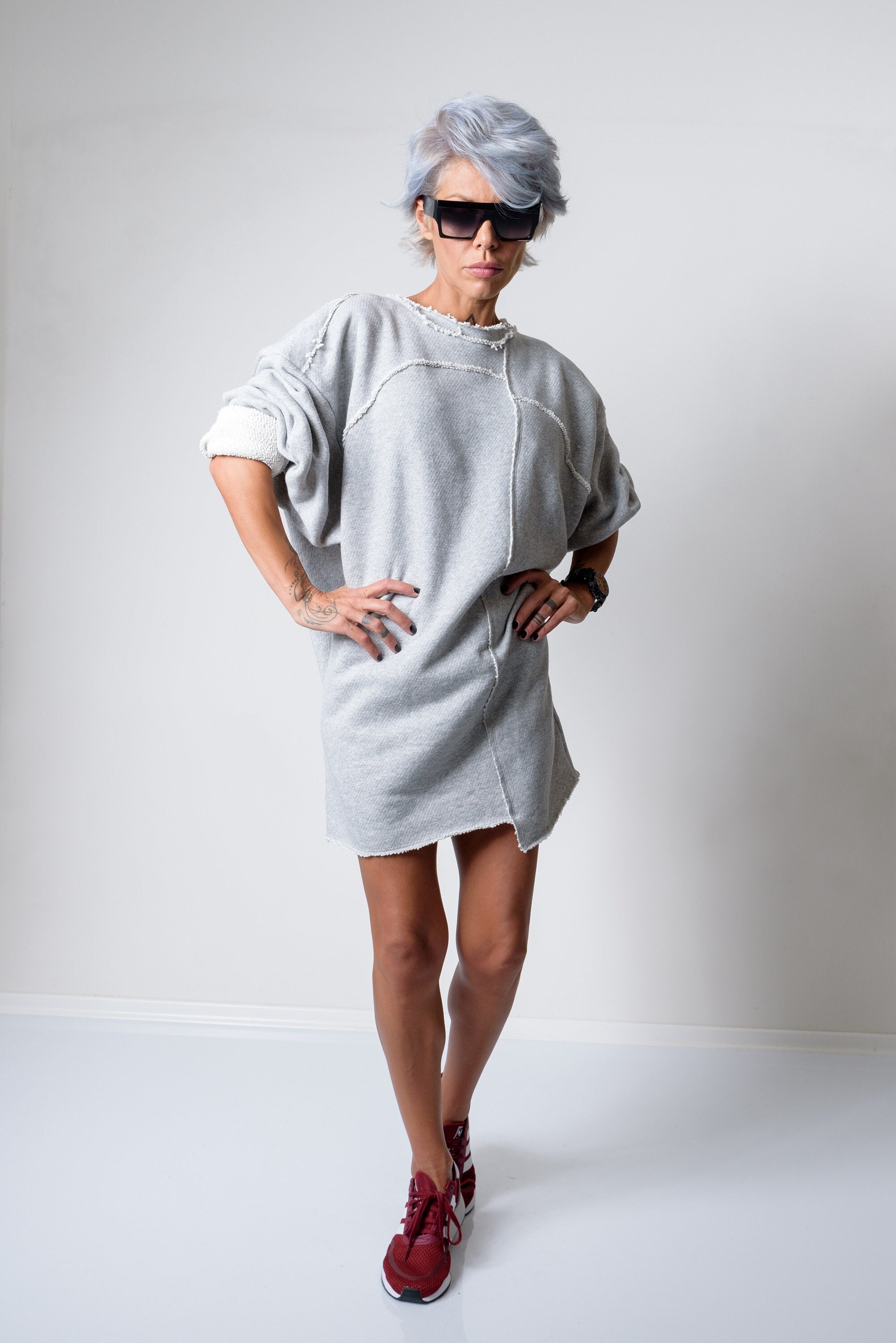 Grey Loose Sweater, Grey Oversized Sweater, Asymmetric Long Blouse, Jumper