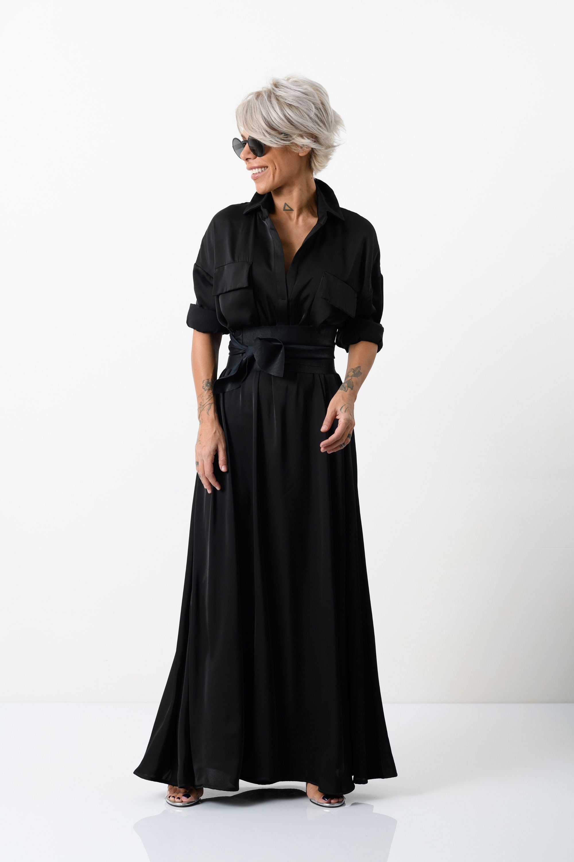 Black Kaftan Maxi Dress: Long Sleeve Polyester Dress with Belt