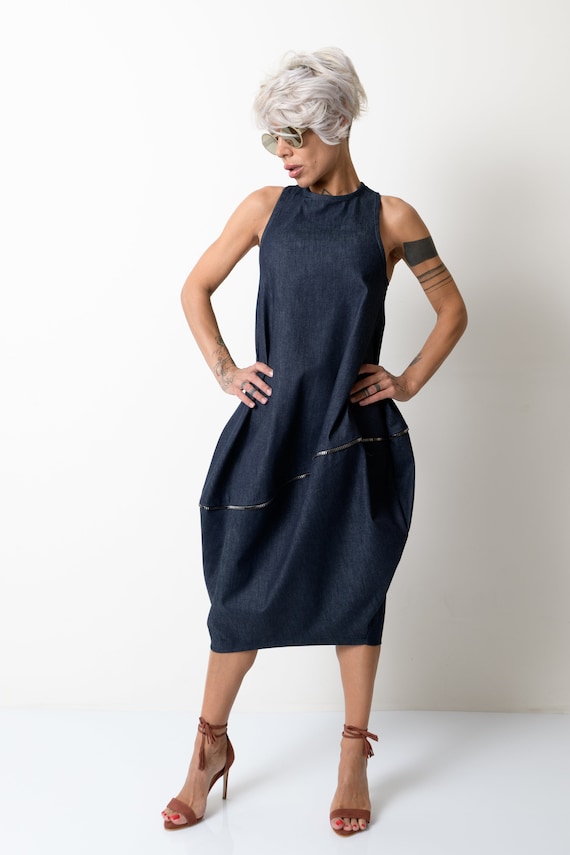 Buy Indigo Cotton Denim Pinafore Knee Length Dress Online at SeamsFriendly