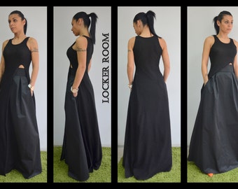 High Waisted Skirt, Maxi Skirt, Floor Length skirt, Long Skirt, A Line skirt, Black skirt, Skirt with pockets, Plus Size Skirt,Pleated Skirt