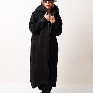 Black Warm Maxi Hoodie, Oversized Quilted Hoodie Sweatshirt with Long Sleeves zdjęcie 7