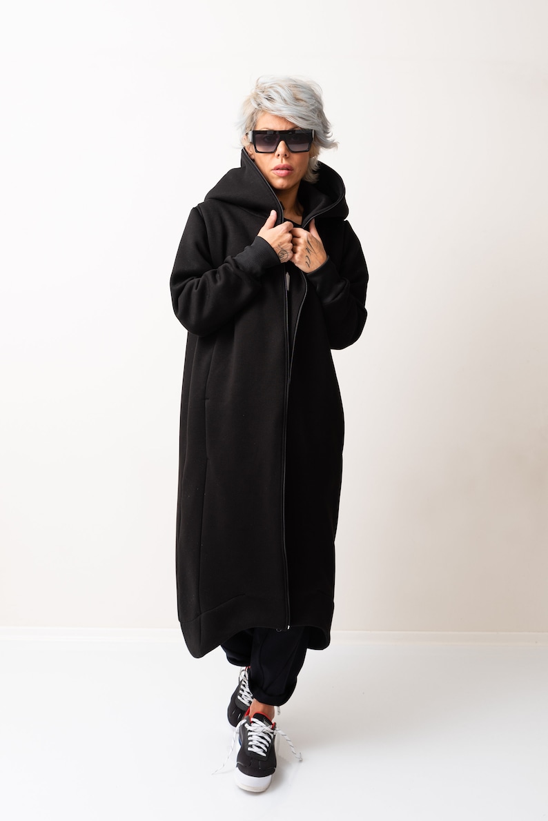 Black Warm Maxi Hoodie, Oversized Quilted Hoodie Sweatshirt with Long Sleeves zdjęcie 7