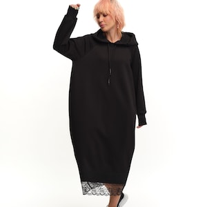 Handmade Black Hoodie Dress: Cotton Blend Maxi Dress with Lace Trim