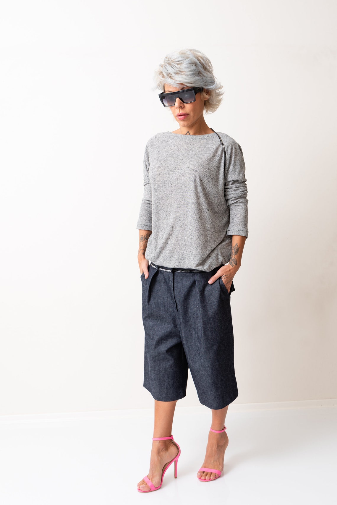 Denim Loose Capri Pants Drop Crotch Harem Pants Loose Bottom Etsy UK