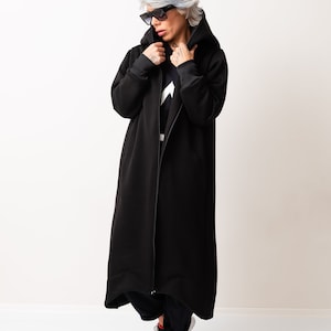 Black Warm Maxi Hoodie, Oversized Quilted Hoodie Sweatshirt with Long Sleeves zdjęcie 6